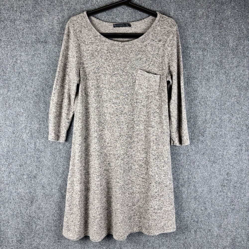 Potter's Pot Dress Womens M Gray Sweater Knit Tunic Pocket 3/4 Sleeve Made USA